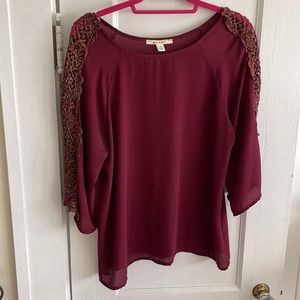 Red Lace 3/4 Sleeve Fancy Blouse Top